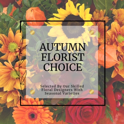 Autumn Florist's Choice bouquet with mixed seasonal flowers in rich autumn tones, hand-tied with seasonal foliage.